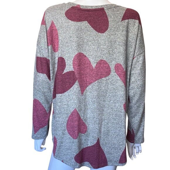 Chelsea & Theodore Gray & Pink Heart Print Long Sleeve Top Womens Size 1X - Picture 2 of 5
